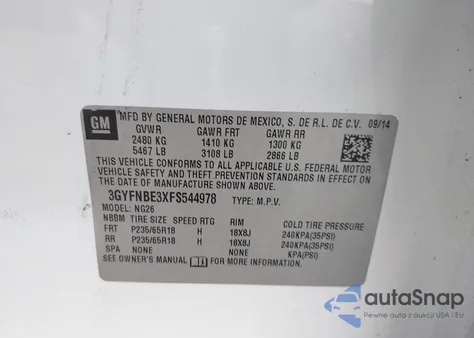 2015 Cadillac Srx Luxury Collection z USA, uszkodzony, nr VIN 3GYFNBE3XFS544978